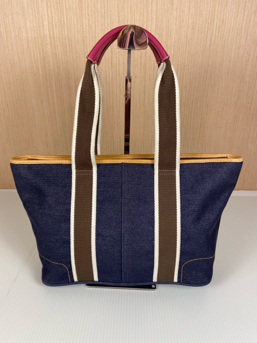 Coach Denim Tote Bag Pink Leather Trim Stripe Canvas Small Carryall Zip Top Y2K - Picture 2 of 15